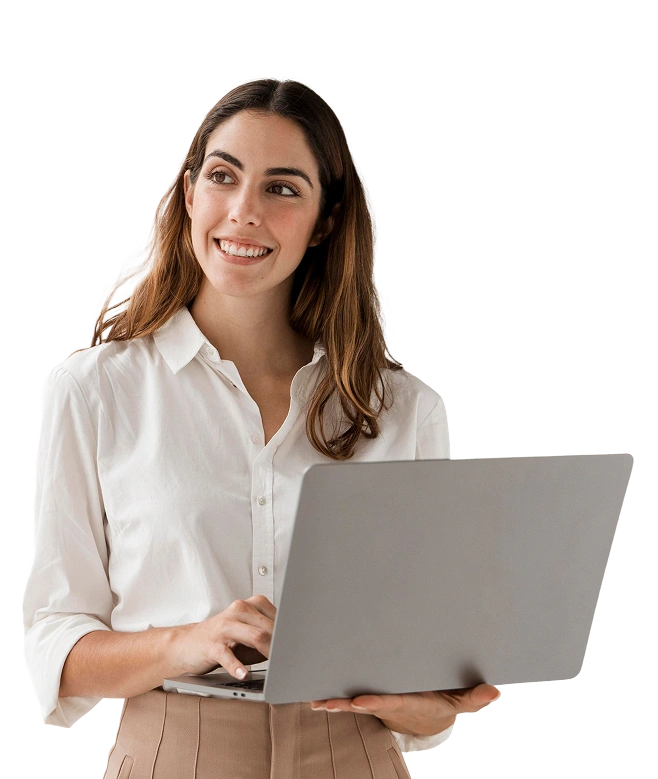 A young woman holds a notebook and smiles.