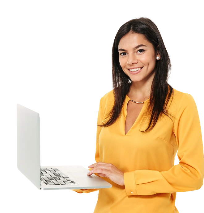 Smiling woman in a yellow blouse holds an open laptop against a black background. She exudes confidence and professionalism.
