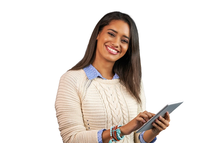 Smiling woman holding a tablet against a black background. She wears a cream sweater over a blue shirt, exuding a friendly and confident vibe.