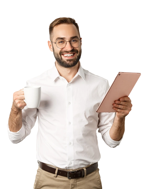 A smiling man with glasses in a white shirt holds a tablet and cup on a black background, conveying a friendly and professional vibe.